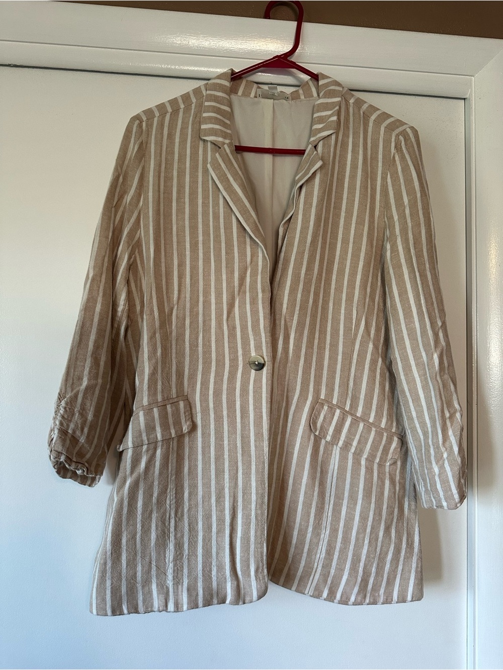 bp Beige and White Striped Linen-Blend Blazer